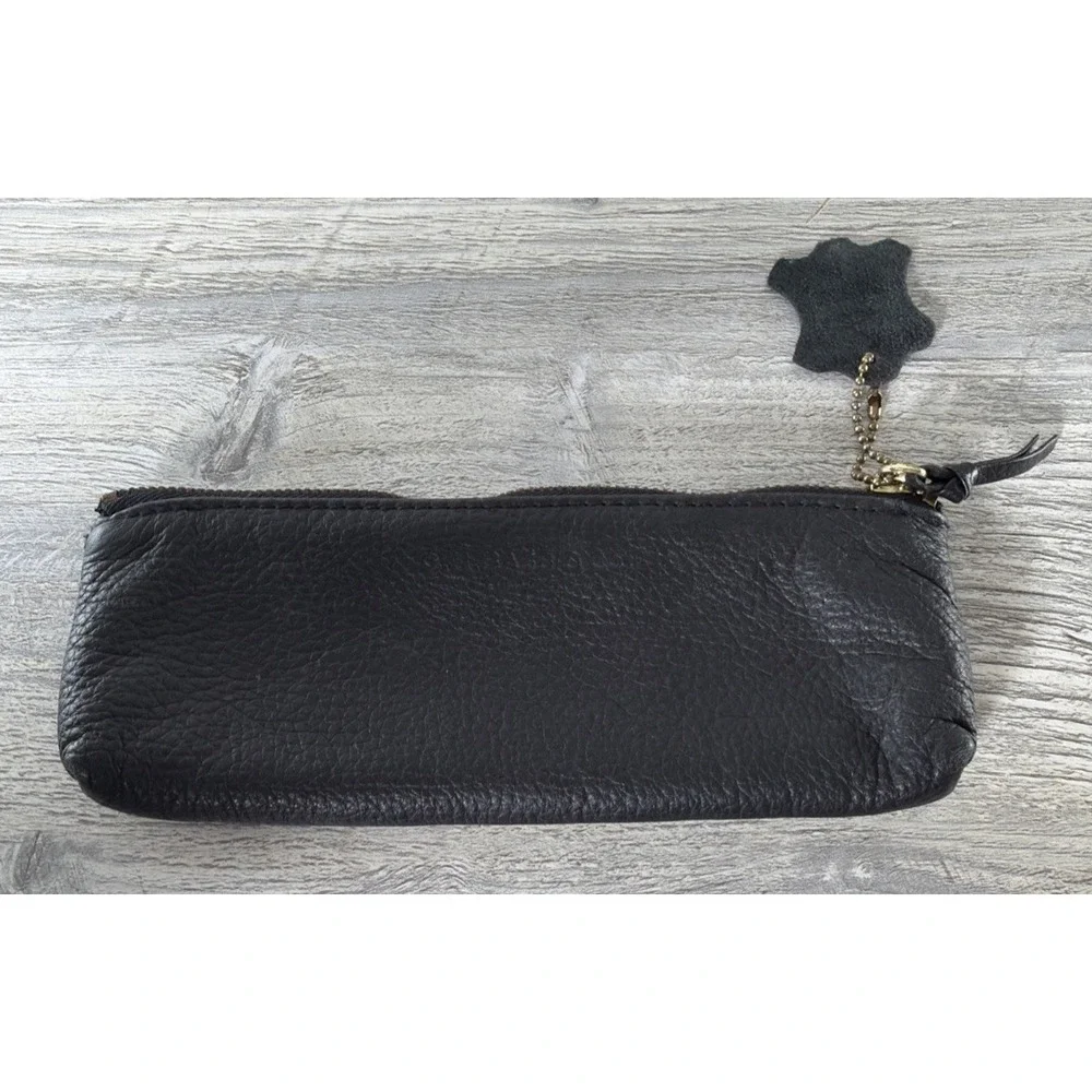 Vintage Black Leather Pencil Case Cosmetic Pouch Bag Zipper Top Closure